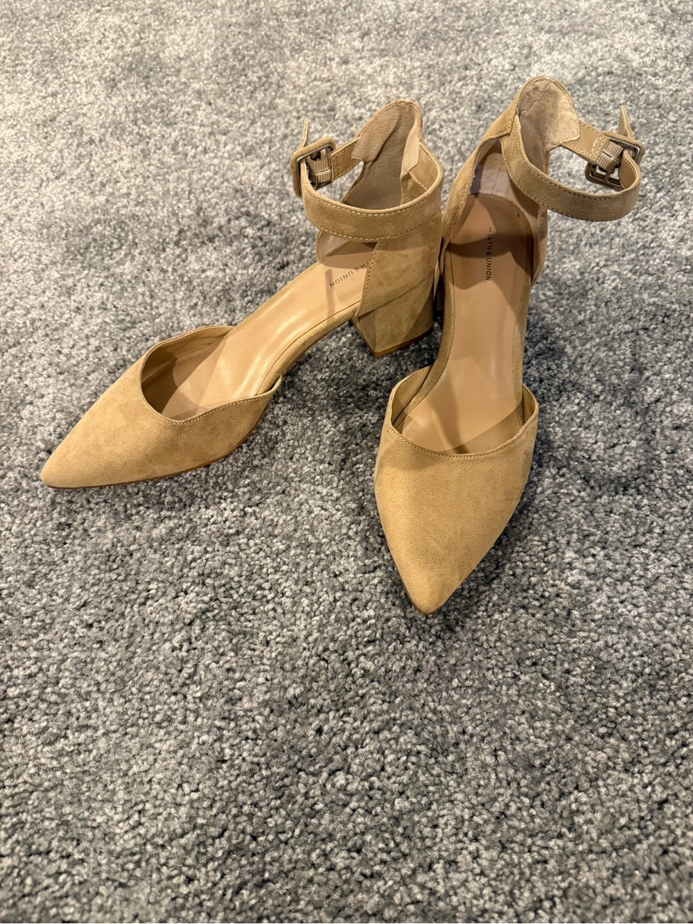 14th & Union Tan Suede Pointed Toe Ankle Strap Block Heels